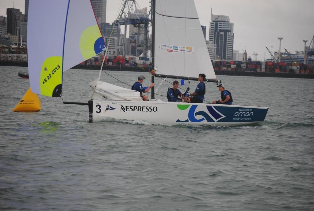 George Anyon crosses the finish line to take the 2016 Nespresso Int Youth Match Racing Series © RNZYS Media
